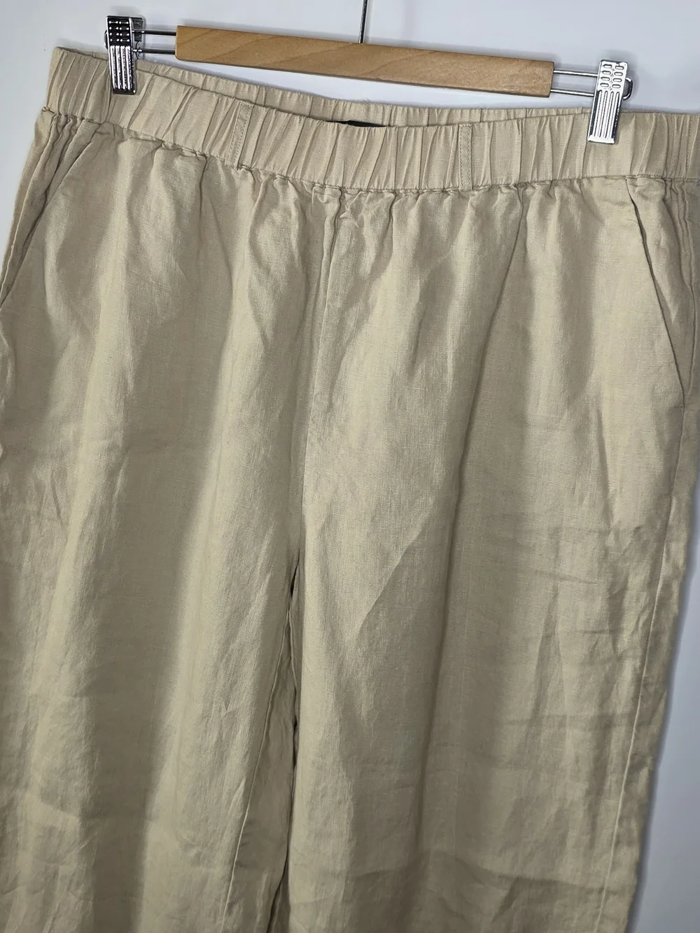 Quince Light Tan 100% Linen Wide Leg casual Pants Large Elastic waist